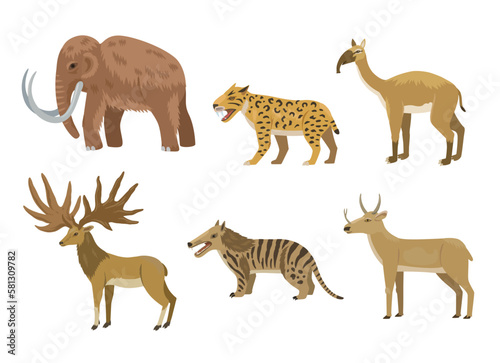 Prehistoric animals, mammoth, saber-tooth tiger, macrauchenia, clip-art collection. Vector illustration of cartoon animal characters. © Yuliya