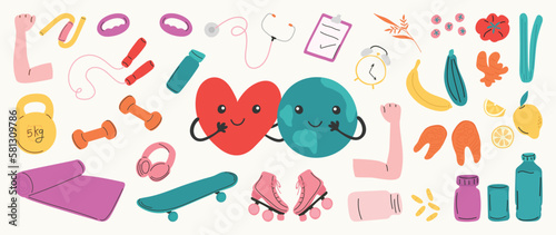 World health day concept, 7 April, element vector set. Hand drawn doodle style of heart, diet food, nutrition, sport, exercise, medicine, heart. Design for web, banner, campaign, social media post.