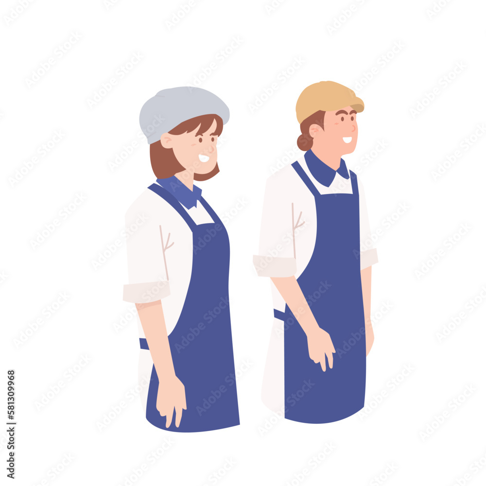 woman and man with an apron standing for the customer
