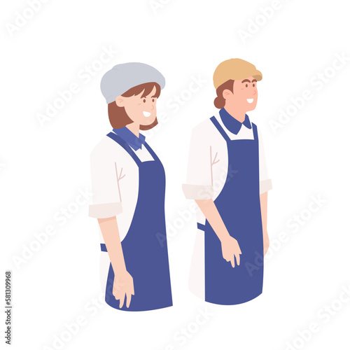 woman and man with an apron standing for the customer