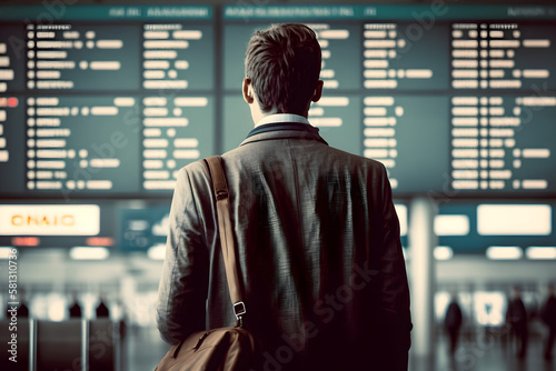 a businessman standing in front of a digital screen displaying information on departure and arrival times and flights at an airport. generative Ai