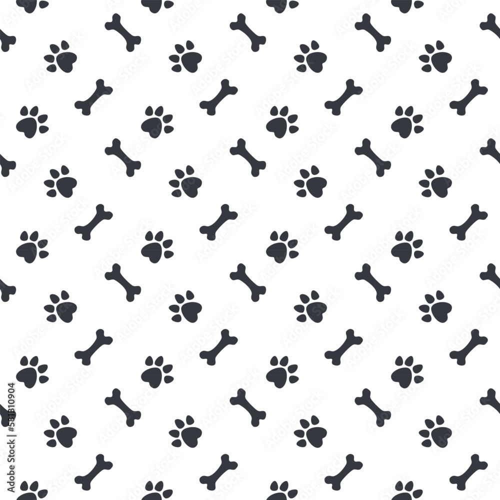 Seamless pattern cute paw dog, bone toy, and footprint design background for wallpaper, wrapping, paper, fabric. Vector illustration. Seamless pattern cute paw dog, bone toy, and footprint design background for wallpaper, wrapping, paper, fabric. Vector illustration.