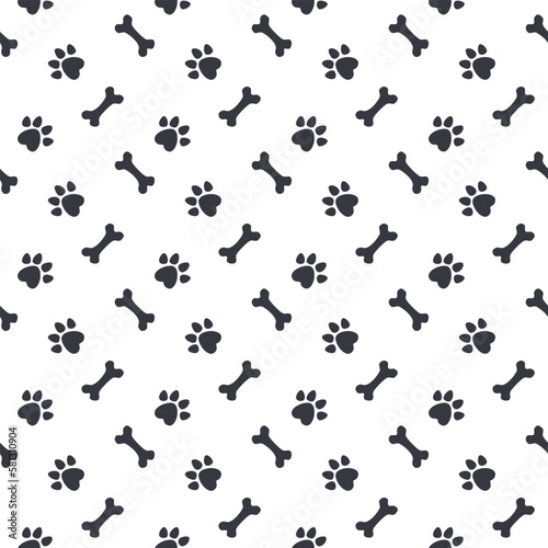 Seamless pattern cute paw dog, bone toy, and footprint design background for wallpaper, wrapping, paper, fabric. Vector illustration.