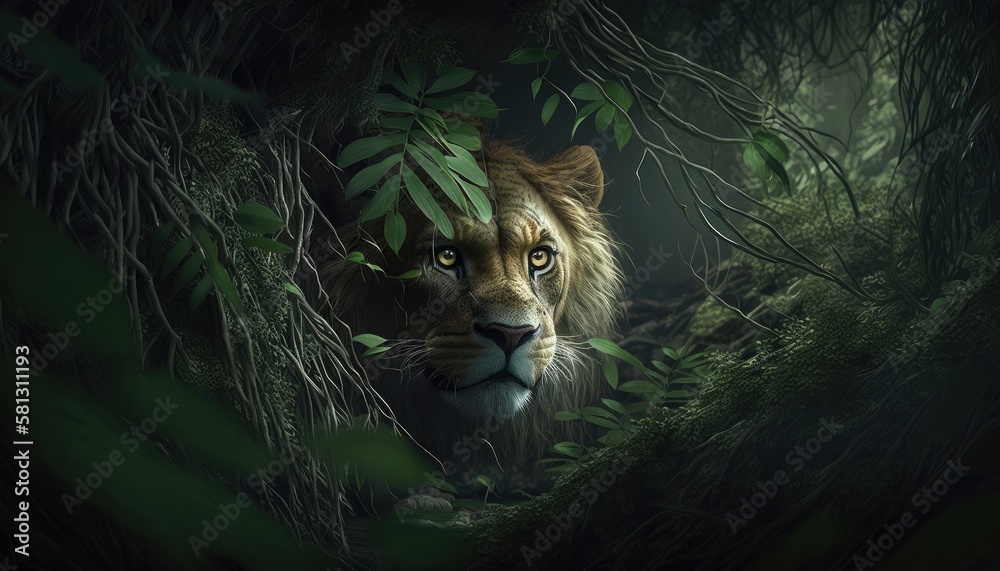 Fototapeta premium hidden lion in the forest. Created with Generative AI.