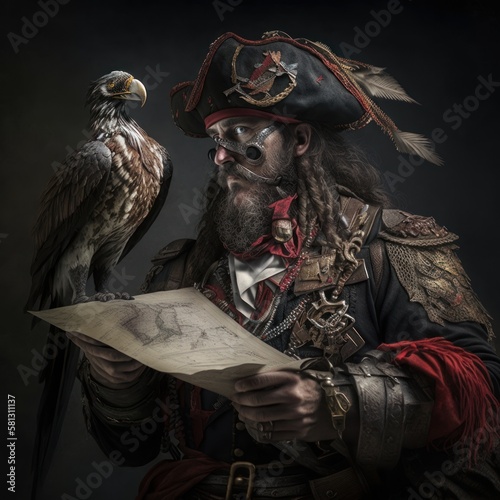 Incredible Cinematic Shot of Vintage Pirate with Parrot, Treasure Map & 8K Details by Marcin Nagraba & Rebecca Millen on White Background 3 , Generative ai photo