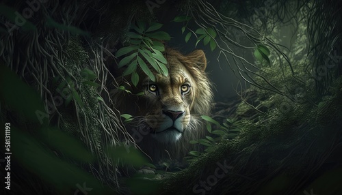 hidden lion in the forest. Created with Generative AI.
