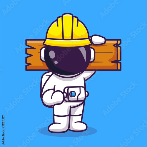 Cute Astronaut Handyman Holding Wood Cartoon Vector Icon Illustration. Science Building Icon Concept Isolated Premium Vector. Flat Cartoon Style