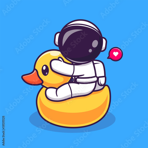Cute Astronaut Riding Duck Balloon Cartoon Vector Icon Illustration Science Holiday Icon Concept Isolated Premium Vector. Flat Cartoon Style