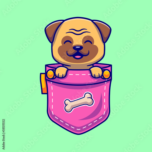 Cute Pug Dog In Pocket Cartoon Vector Icon Illustration. Animal Nature Icon Concept Isolated Premium Vector. Flat Cartoon Style