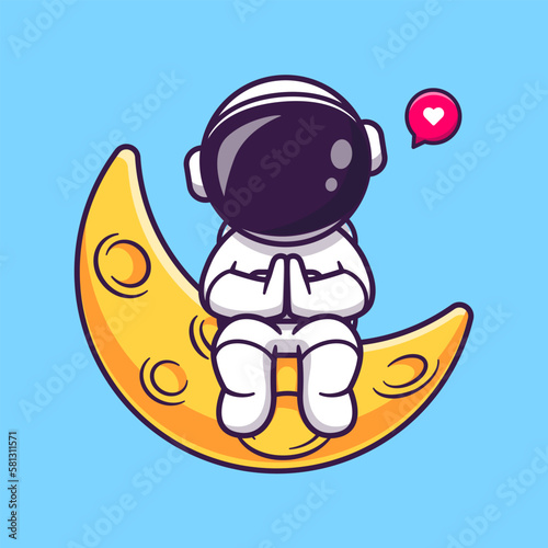 Cute Astronaut Sitting On Moon Cartoon Vector Icon Illustration. Science Technology Icon Concept Isolated Premium Vector. Flat Cartoon Style