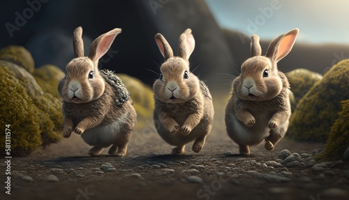 three cute young rabbits. Created with Generative AI. photo