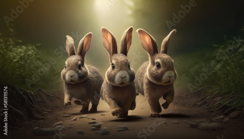three cute young rabbits. Created with Generative AI. © lchumpitaz