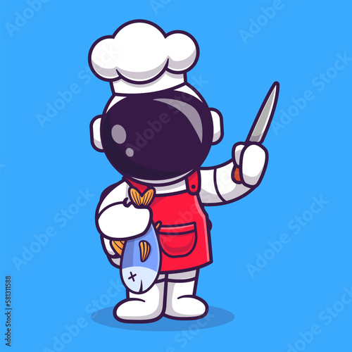 Cute Astronaut Chef With Fish And Knife Cartoon Vector Icon Illustration Science Food Icon Concept Isolated Premium Vector. Flat Cartoon Style
