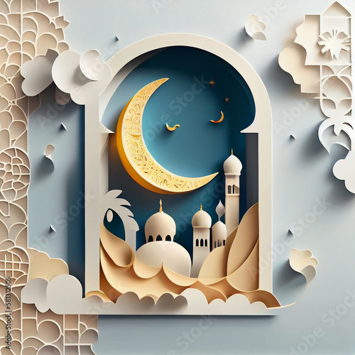 Ramadan Kareem greeting card with 3d paper art illustration with a crescent and an Islamic mosque, generated by AI photo