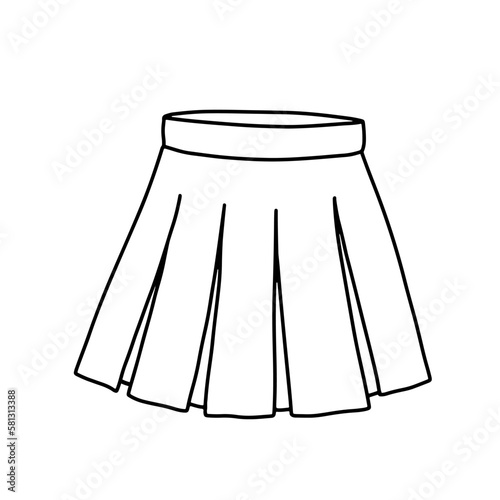 Outline sketch of short skirt for girl. Doodle skirt with pleats. Funny clothing.