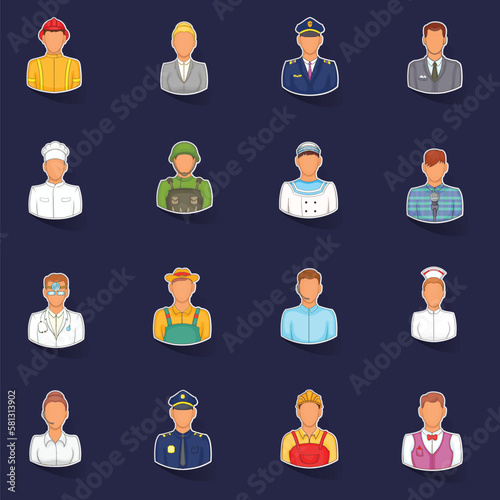 Professions icons set stikers collection vector with shadow on purple background