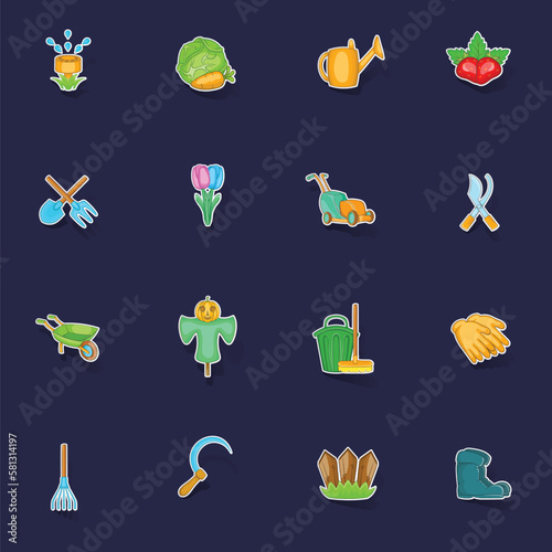 Garden icons set stikers collection vector with shadow on purple background photo