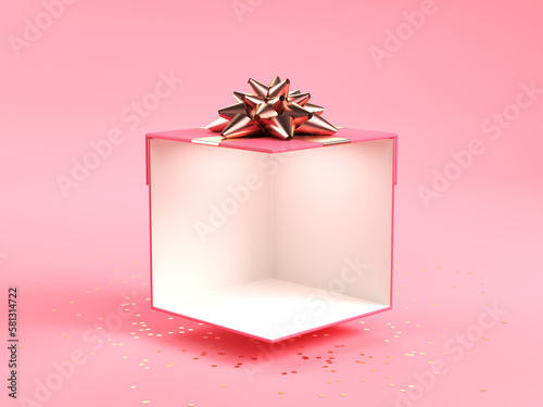 Sweet pink product display gift box or blank exhibition booth present box stand with golden ribbon bow isolated on pink pastel color background with shadow minimal conceptual 3D rendering