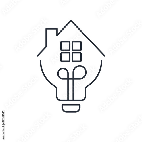 Light bulb and house. Home ideas. Vector linear icon isolated on white background.