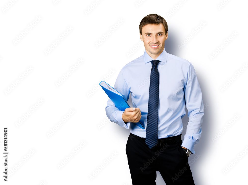 Portrait image - smiling business man in confident cloth, necktie, tie with folder, isolated against white background. Businessman, bank account manager, layer, real estate sales agent. Portrait image - smiling business man in confident cloth, necktie, tie with folder, isolated against white background. Businessman, bank account manager, layer, real estate sales agent.