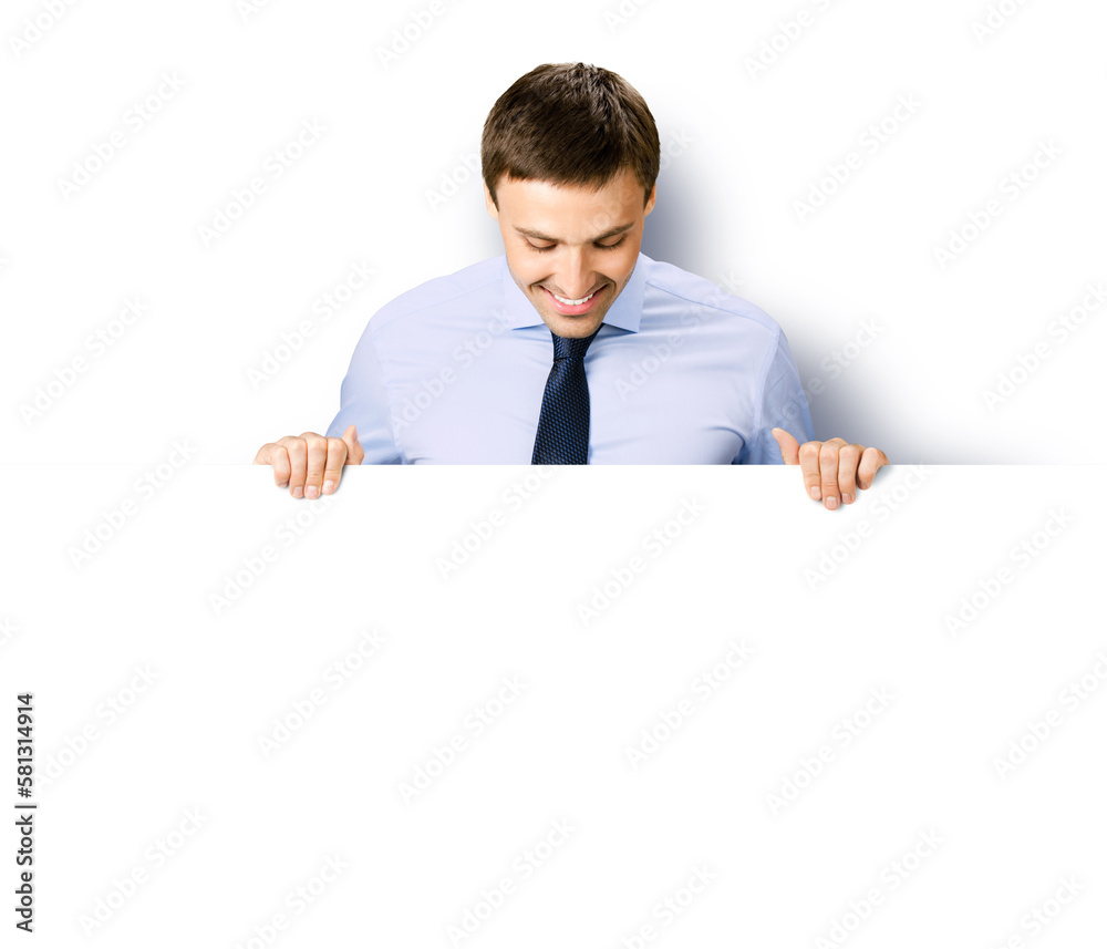 Portrait image of business man professional bank manager in confident cloth. Businessman stand behind hang over, look at empty white banner signboard with copy space. Isolated against white background