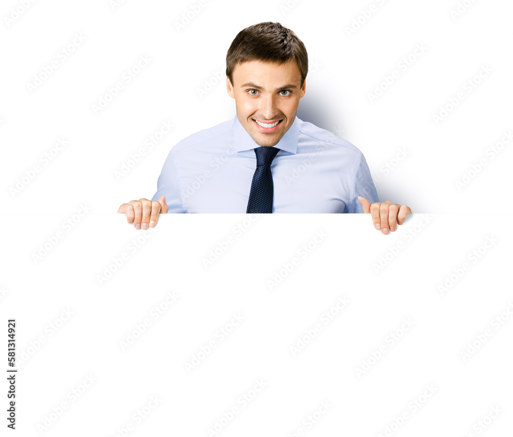 Portrait image of business man professional bank manager in confident cloth. Businessman stand behind hang over empty white banner signboard with copy space. Isolated against white background Portrait image of business man professional bank manager in confident cloth. Businessman stand behind hang over empty white banner signboard with copy space. Isolated against white background
