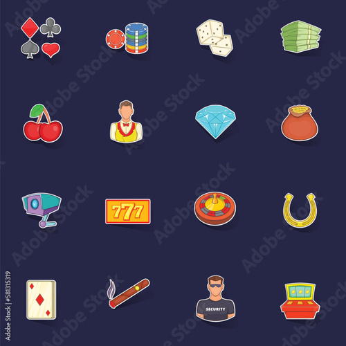Casino icons set stikers collection vector with shadow on purple background