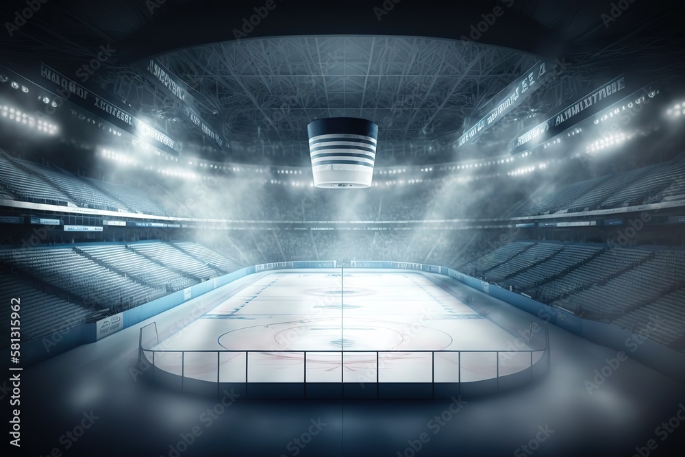 Professional hockey stadium and an empty ice rink with lights. Stock
