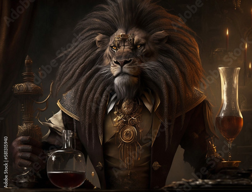 King lion with full luxury dressing drinking whiskey at dinner. © ZayNyi