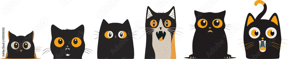 Six funny scared cats, flat vector illustration
