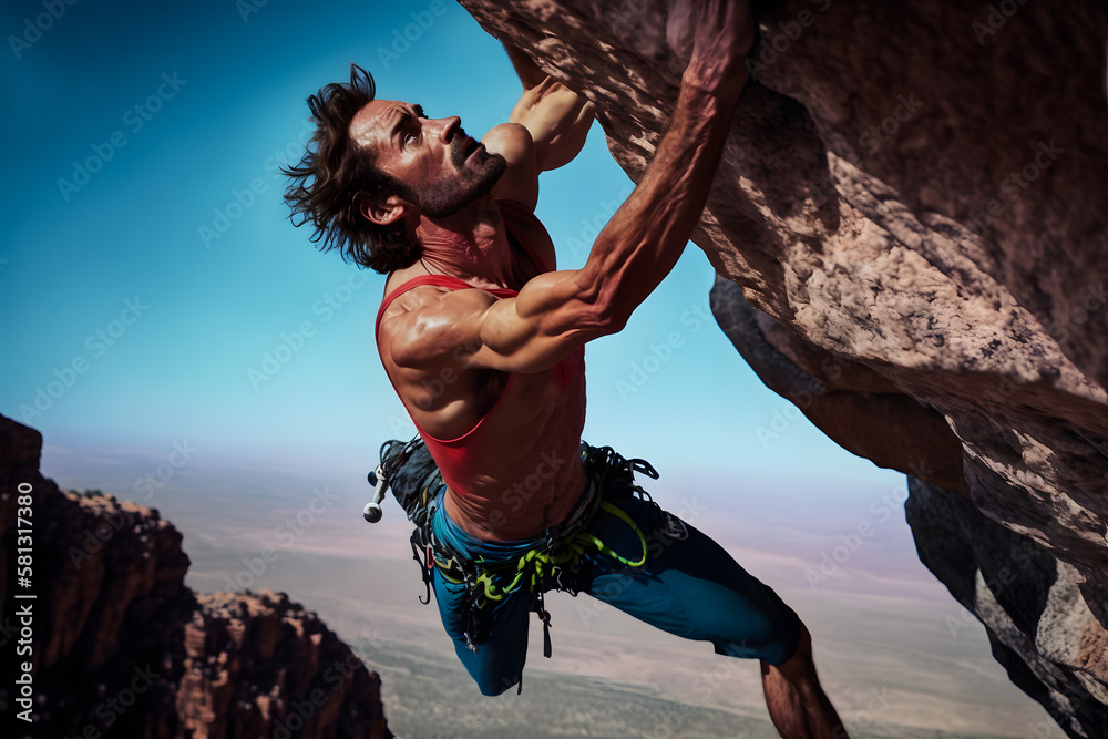 Muscular strong male athlete climbs a steep cliff, rock climbing sport.  Stern look to achieve the goal to climb to the top, a difficult site.  Generative AI Stock Illustration