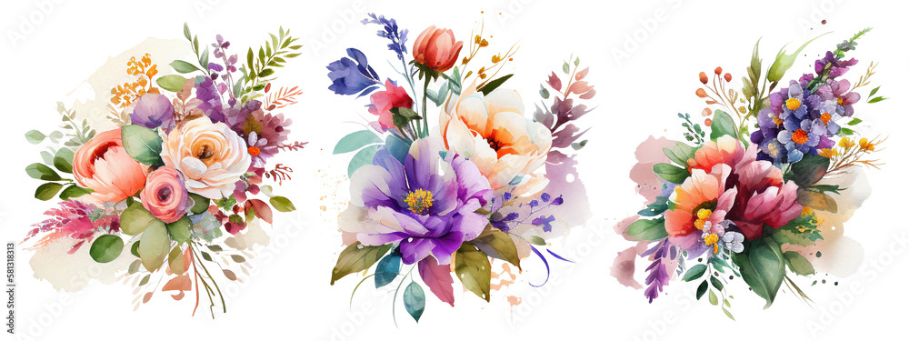 Watercolor flowers, wedding bouquet. Generative AI