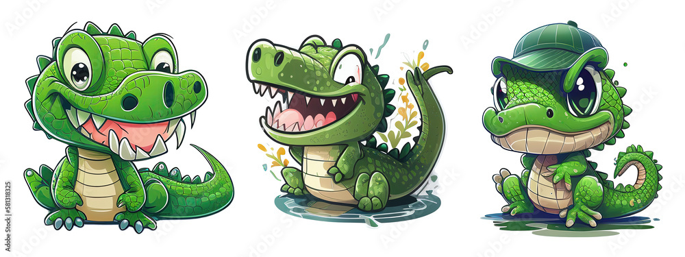Cute Baby Alligator Stickers, Crocodile Cartoon. Generative AI Cute Baby Alligator Stickers, Crocodile Cartoon. Generative AI