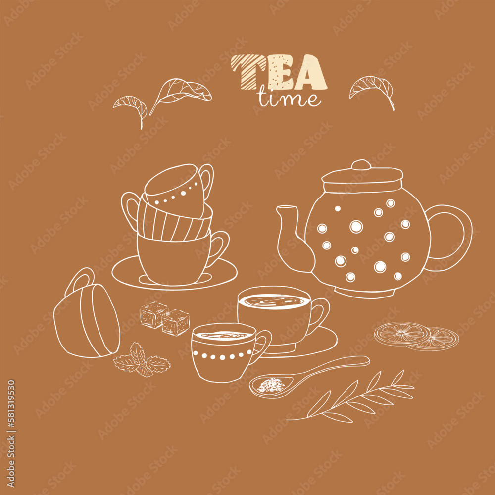 Collection of Doodle tea time elements. Cup, sugar, mint leaves