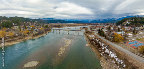 Bonners Ferry Idaho USA Aerial Panoramic Overhead Sky View of City Kootenay River photo