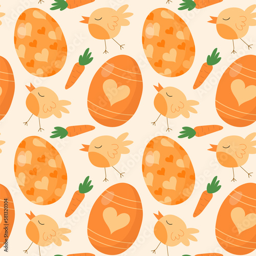 Pattern seamless with orange Easter eggs, chicken bird and carrot. Happy easter holiday elements. Spring easter pattern design for postcard, wrapping paper, textile, wallpaper.