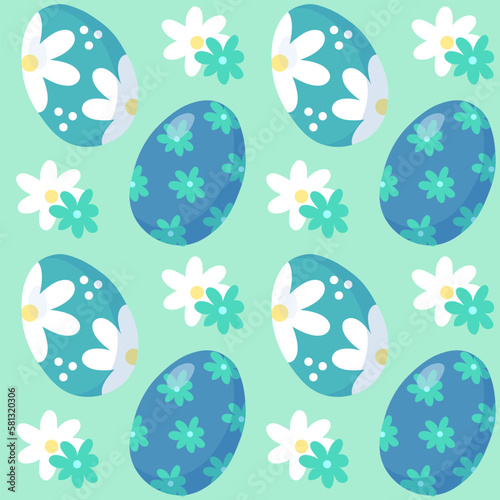 Pattern seamless with blue Easter eggs and flowers. Happy easter holiday elements. Spring easter pattern design for postcard, wrapping paper, textile, wallpaper.