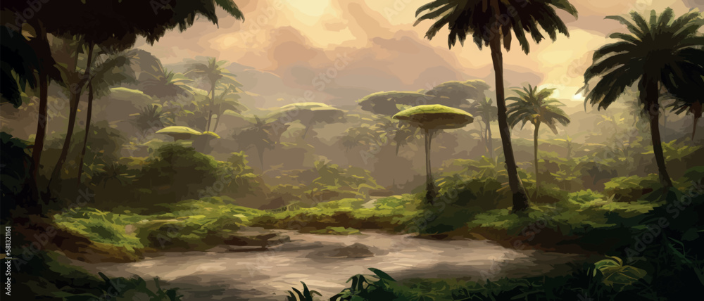 African rainforest. African jungle rainforest panorama with tropical vegetation, exotic fantasy landscape banner vector illustration. african savannah - obrazy, fototapety, plakaty 