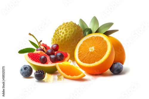 Illustration of assorted fresh fruits on white background  AI Generated image.