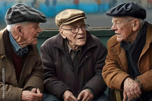 a group of elderly senior men best friends sitting together having a beer, buddies forever
