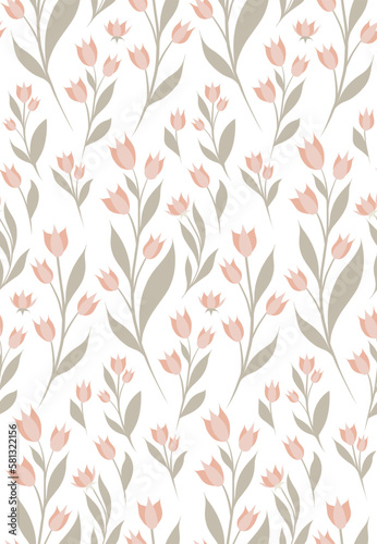 Vector seamless shabby chic pattern. Flat texture with small coral flowers on stems with foliage. Ditsy fabric.