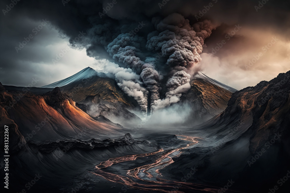 a dramatic volcanic landscape with steam rising from vents, representing the power and mystery of the natural world