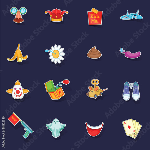 April fools day icons set stikers collection vector with shadow on purple background