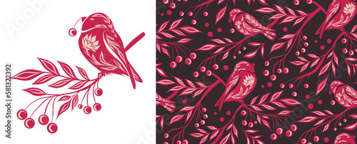 Set of card and seamless decorative pattern with birds and rowan berries on branches. Collection of illustration and tracery texture with bullfinches