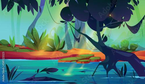 Tropical jungle forest with river vector background. Water in amazon lake nature cartoon landscape. Illustrated rainforest with beautiful swamp and tree scene. Wild sunny summer game picture.