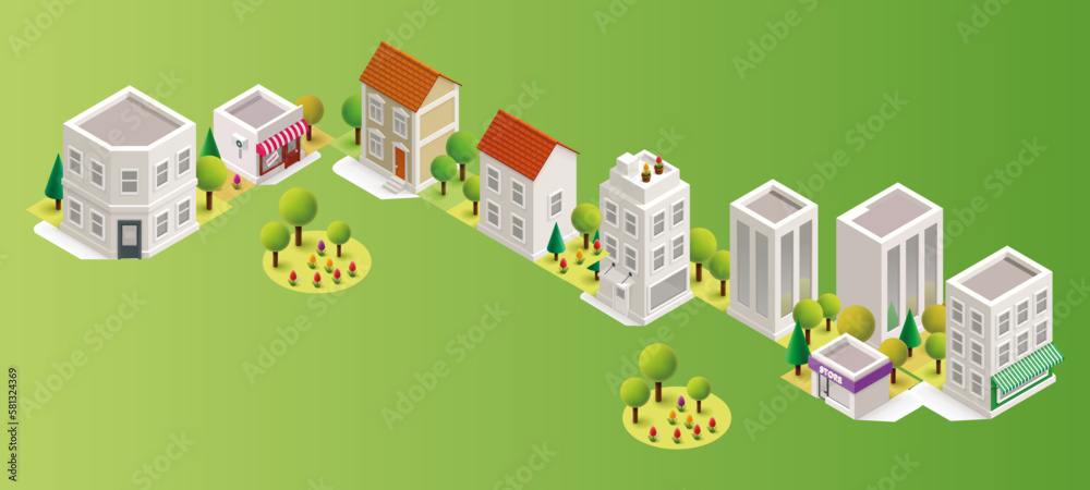 isometric street of residential and business buildings