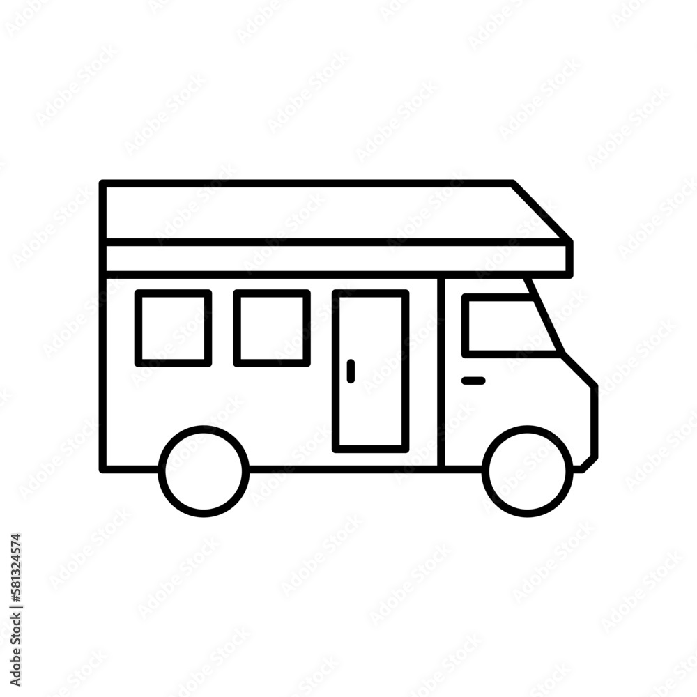 House on wheels outline black icon. Wheeled tiny house vector illustration. Moving house on white background. Off grid traveling hut or cabin. For any platform or purpose action promotion advertising