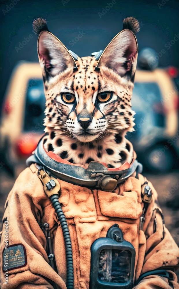A brave serval dressed in a firefighter's uniform. Generative AI.