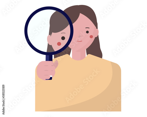 虫眼鏡を覗く女性 発見する 探偵 ベクターイラスト