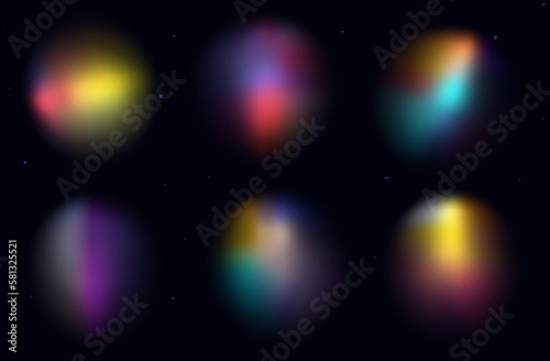 Rainbow flash beam of light. Set of multi-colored round glare rays, through glass, lens, prism. Spectrum of blinding flash, blurred shapes, iridescent, reflection glow, beam blur. Magic light. Vector.